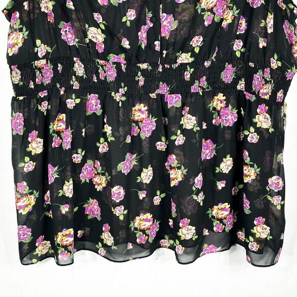 Torrid Plus Size 3X Top Floral Flutter Cap Sleeve Black Purple Smocked Sheer 458 - Picture 3 of 9